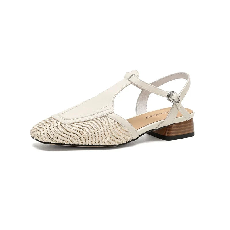 leather cowhide hollow weave low Heel