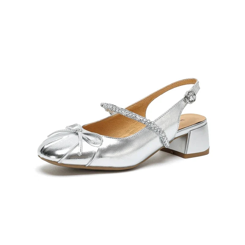 leather cowhide round toe elastic buckle middle Heel