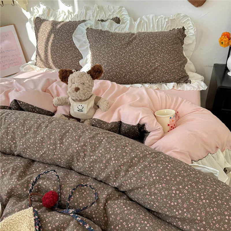 3/4Pcs Korean Princess Style Floral Ruffles Bedding Set