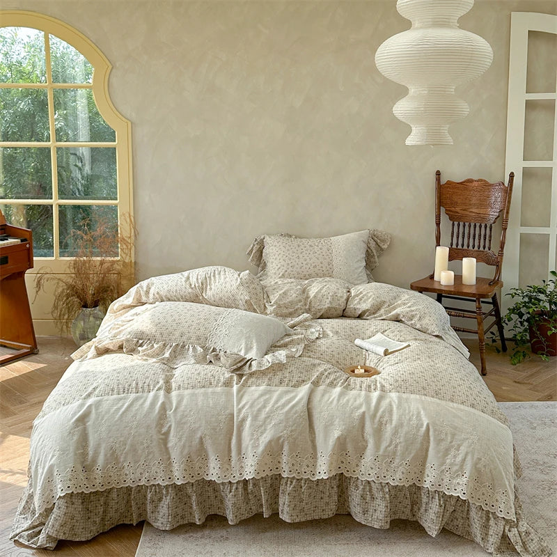 French Vintage 100% Cotton Lace Ruffles Floral Princess Bedding Set