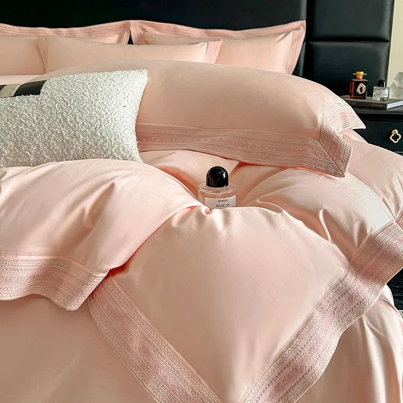 600TC Egyptian Cotton Embroidery Wide Edge Luxury Solid Color Bedding Set