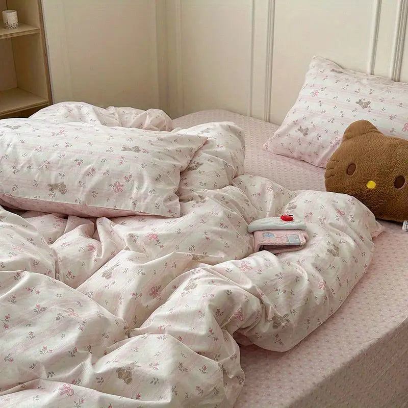 Kids Adult Duvet Cover Set with Bed Flat Sheet Pillowcases Cute Cartoon Single Queen Size Home Hotel Dormity Bedding Set