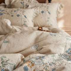 100% Pure Linen Vintage Flowers Embroidery Ruffles Luxury Bedding Set