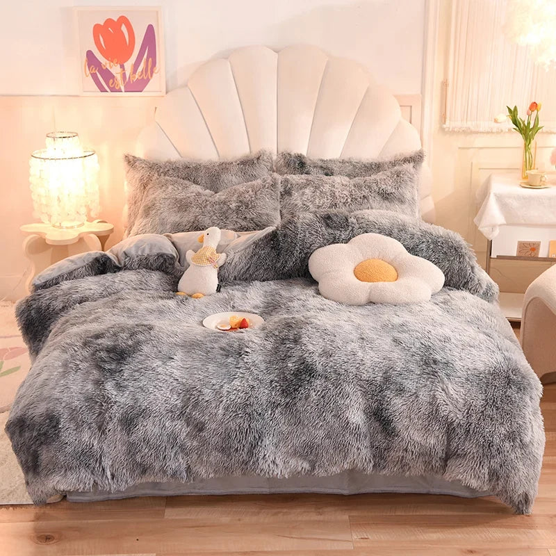 3Pcs Super Shaggy Coral Fleece Warm Cozy Princess Bedding Set