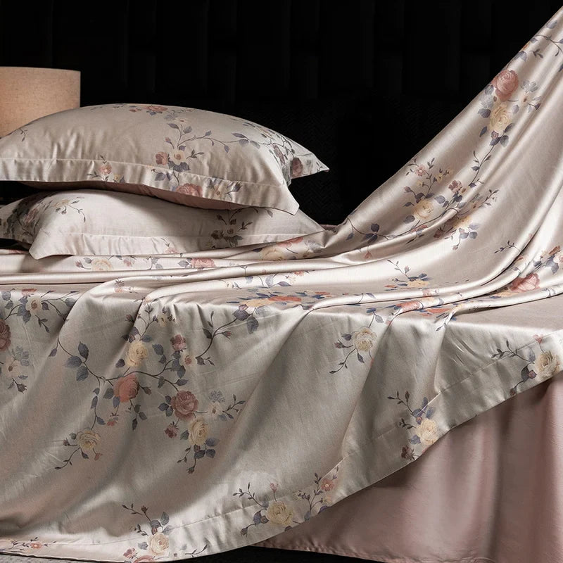 600TC Lyocell Cotton Flowers Jacquard Soft Silky Bedding Set