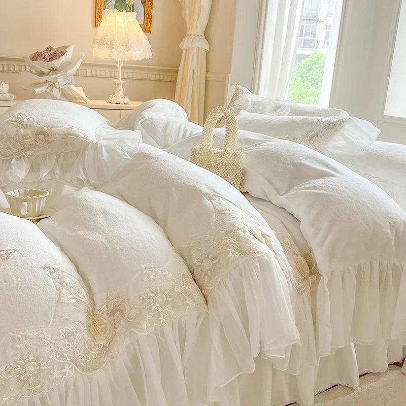 4Pcs Elegant Lace Rose Embroidery Milk Velvet Bedding Sets