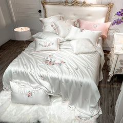 4/7Pcs Luxury Flowers Embroidery Lyocell Eucalyptus Fiber Silky Bedding Set