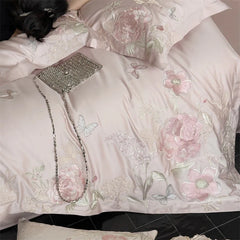Premium 600TC Egyptian Cotton Luxury Flowers Butterfly Embroidery Pink Bedding Set