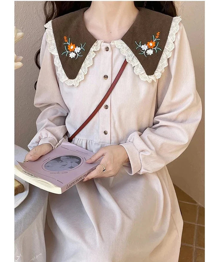 Forest Flower Corduroy Cottagecore Dress with Embroidery