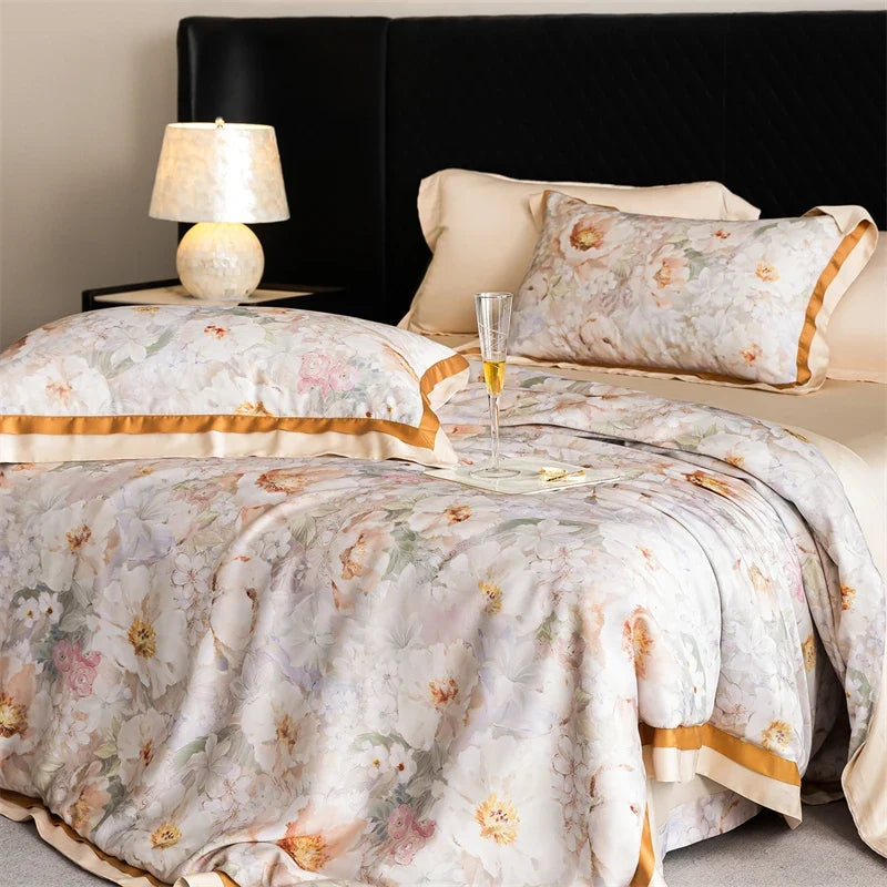 82% lyocell, 8% silk and 10% nylon soft silky flowers digital printing Bedding Set