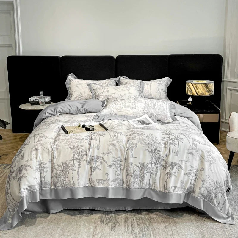 Luxury Gray Lyocell Duvet Cover Set Vintage Jungle Animal Print Bedding Set