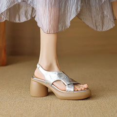 leather cowhide round toe thick sole loose grip high Heels
