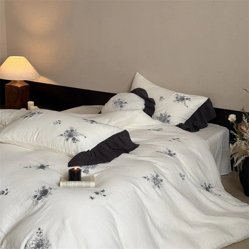 Rose Flowers Embroidery 100% Cotton Wrinkled Yarn Bedding Set