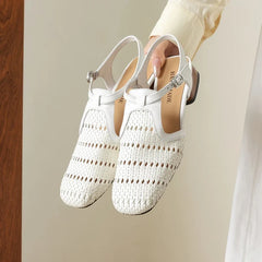cowhide woven elastic hollow breathable mid Heel