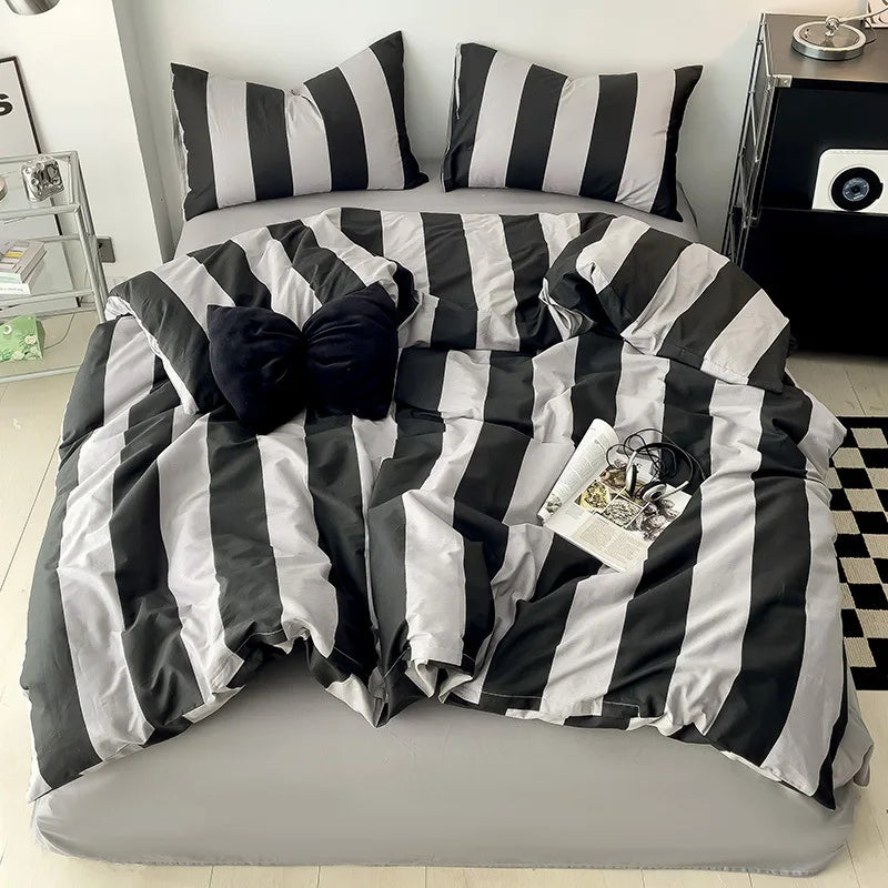 Simple Green Striped Duvet Cover Bed Sheet Pillowcase Set Full Queen King Cotton Bedding Set