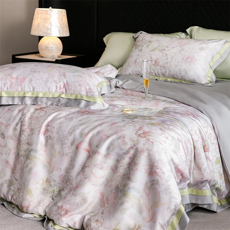 82% lyocell, 8% silk and 10% nylon soft silky flowers digital printing Bedding Set