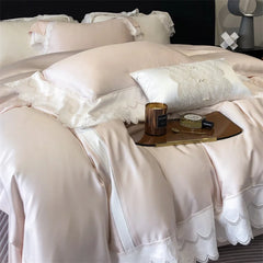 4Pcs Pink Princess Lace Edge Lyocell Eucalyptus Fiber Soft Silky Bedding Set
