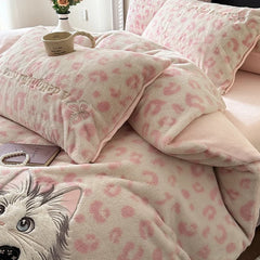 Pink Leopard Print Cute Cat Embroidery Velvet Warm Winter Bedding Set