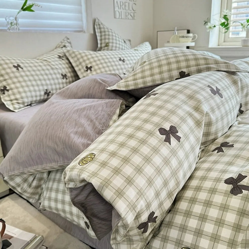 Grey Duvet Cover Set with Bow Fashion Twin Queen Size Girls Boys Flat Sheet Pillowcase No Filler Soft Summer Home Bedding Set
