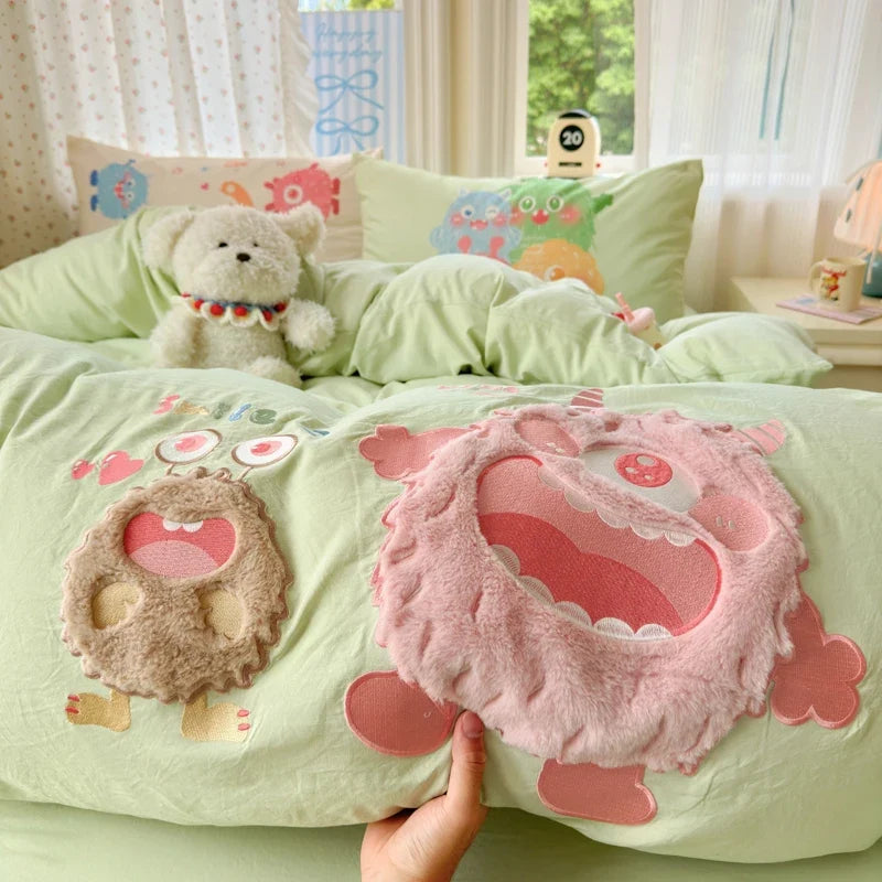 Cute Pink Cartoon Cat Bow Towel Embroidery Girls Kids Bedding Set