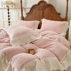 Vintage French Carved Velvet Lace Ruffles Luxury Warm Winter Pink Bedding Set