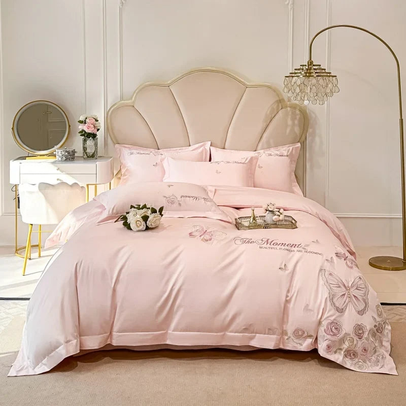 100% Cotton Butterfly Flowers Embroidery Luxury Bedding Set