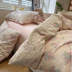3/4Pcs Korean Princess Flower Print Lace Bedding Set