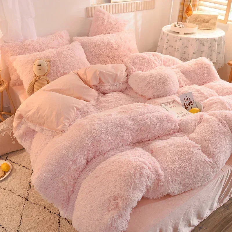 Solid Color Fluffy Long Plush Winter Bedding Set