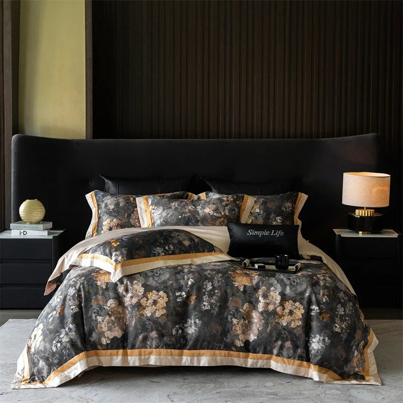 Premium 1000TC Egyptian Cotton Flowers Prints Oil Painting Style Bedding Set