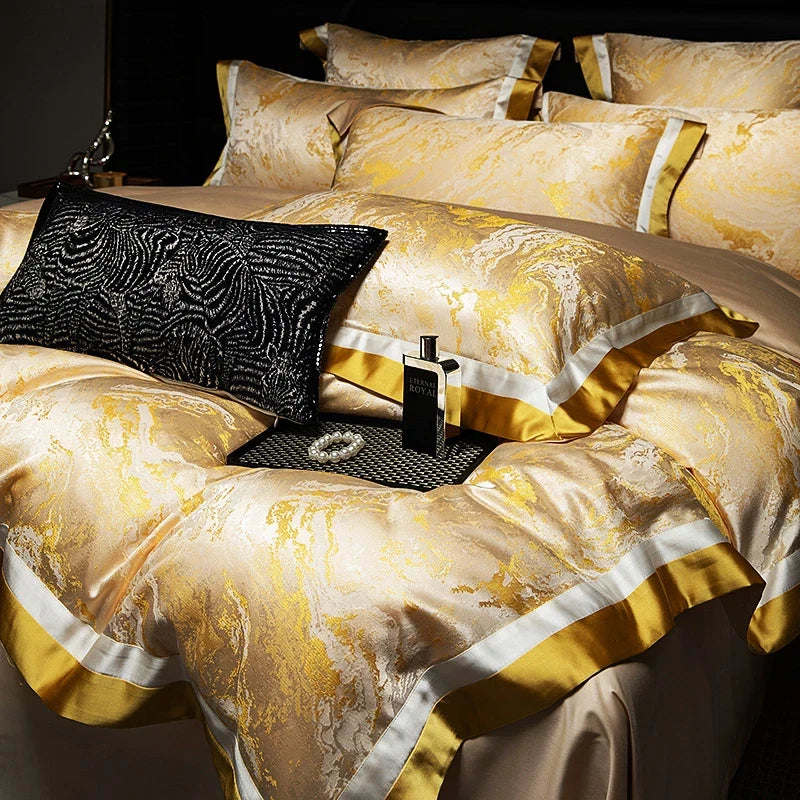 1000TC Cotton Luxury Black Gold Satin Jacquard Bedding Set