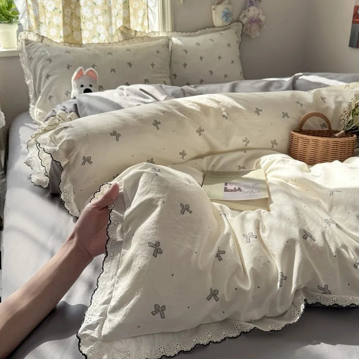 Korean Lace 4pcs Duvet Cover Set with Sheet and Pillowcases Floral Bedding Set