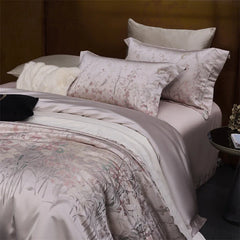 Luxury Botanical Jacquard 1000TC Egyptian Cotton Bedding Set, Soft Silky Satin Duvet Cover Set Flat/Fitted Sheet Pillowcase 4Pcs