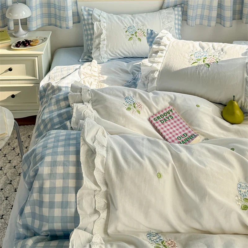 Korean Princess Style Double Layer Lace Flower Embroidery 100% Cotton Bedding Set