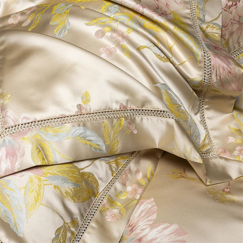 Premium 100S Egyptian Cotton Floral Jacquard Luxury Bedding Ultra Soft Duvet Cover Set Flat/Fitted Bed Sheet Pillowcases 4Pcs
