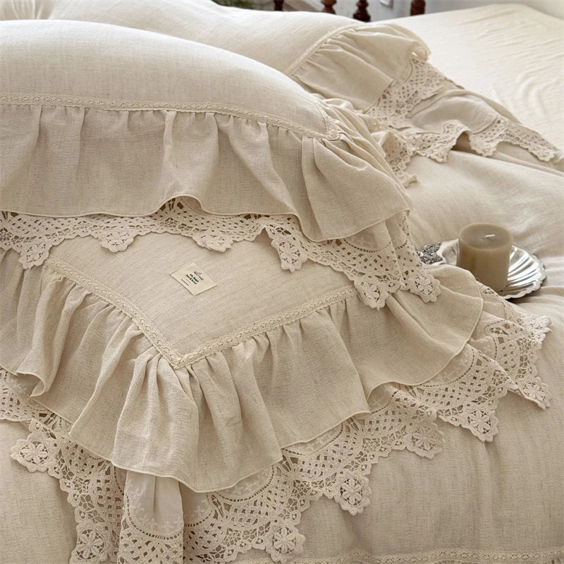 20% Linen And 80% Cotton Double Layer Lace Ruffles Vintage French Bedding Set