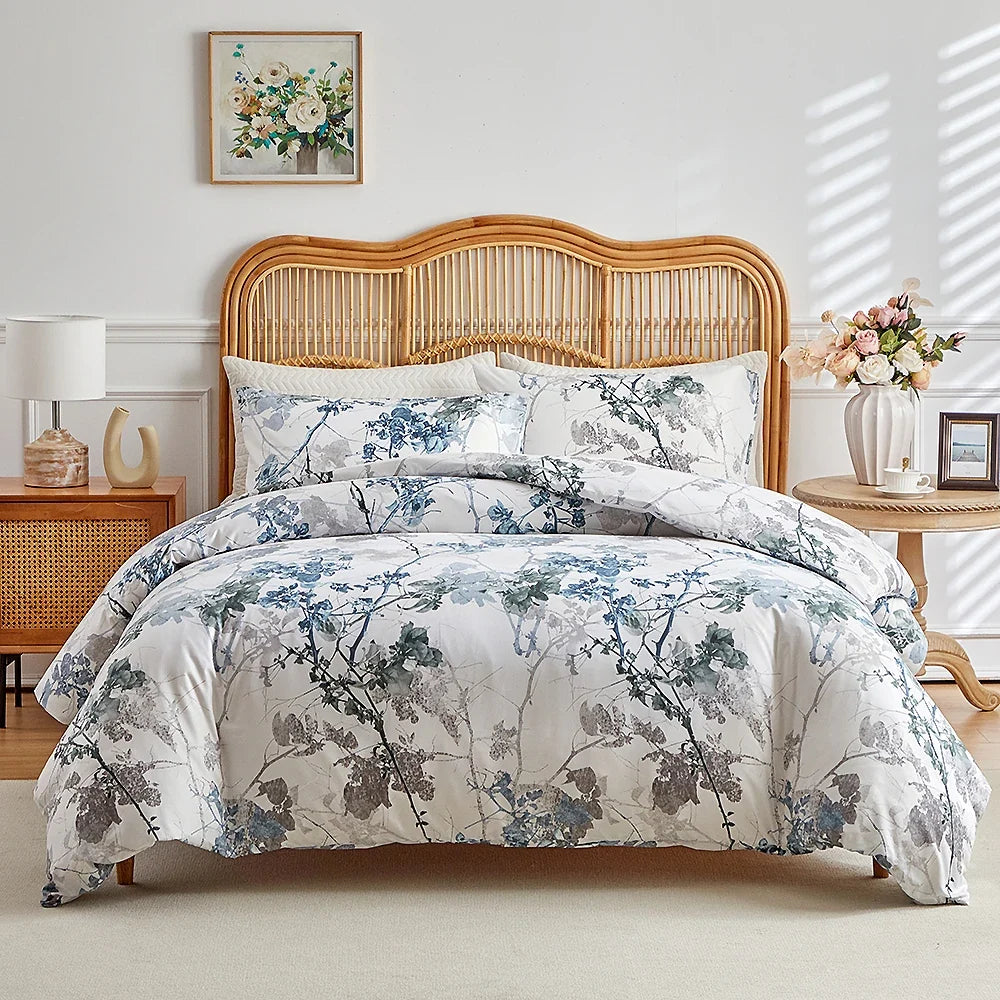 Vintage Floral Printed Duvet Cover Set Soft Breathable Double Bed Bedding Set