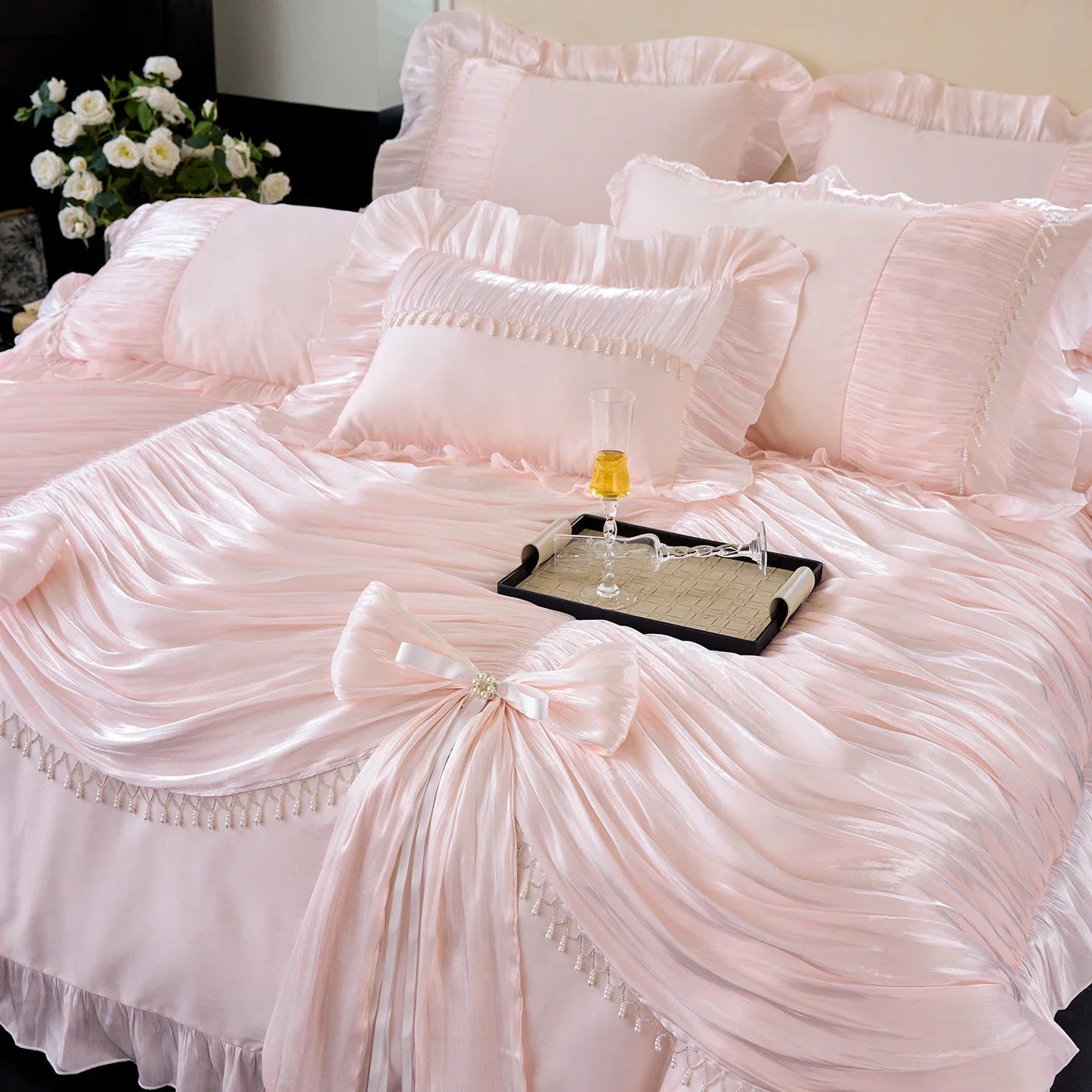 1000TC Egyptian Cotton Vintage French Palace Style Pleated Lace Ruffles Bow Bedding Set