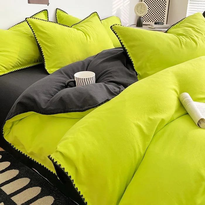 3 Pcs Simple Solid Color Quilt Cover Set with Pillowcases Stitching Design King Queen Size Bedding Set