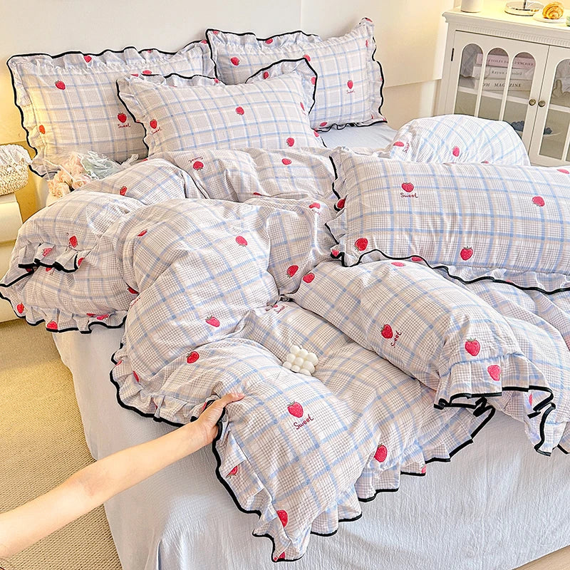 Heart Print Duvet Cover Set Princess Style Lace Ruffles Bedding Set