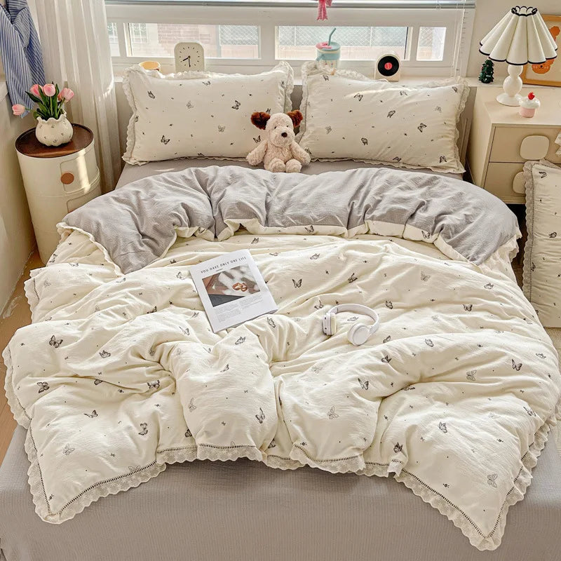 4pcs Floral Printed Duvet Cover Set Korean Lace Bedding Set