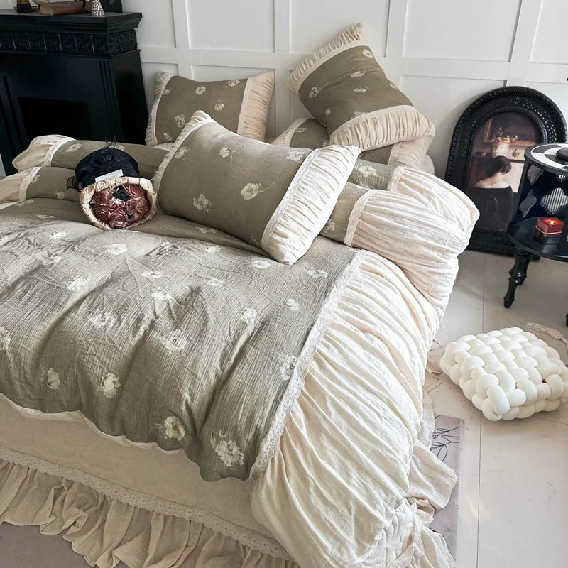 Flowers Prints Pleated Ruffles Princess Bedding Set
