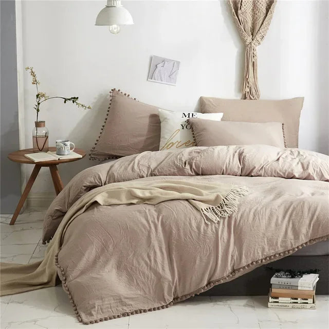 Twin Queen Size Solid Color Duvet Cover Set Pom Tassel Soft Microfiber Bedding Set