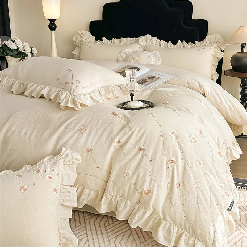 Chic Flowers Embroidery Ruffles Luxury Bedding Set