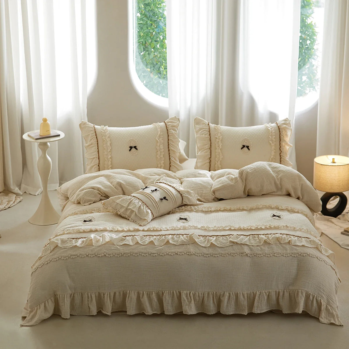 Vintage French Lace Ruffles Bow Bedding Set