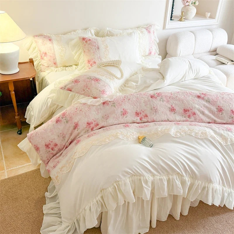 3/4Pcs French Romantic Lace Printed Ruffle Bedskirt Queen Size Quilt Cover Princess Style Boiled Cotton Double Bedding Set