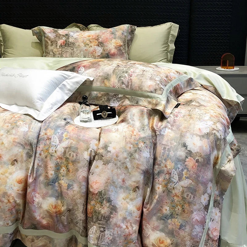 Flowers Digital Printing Wide Edge 1000TC Lyocell Cotton Soft Silky Bedding Set