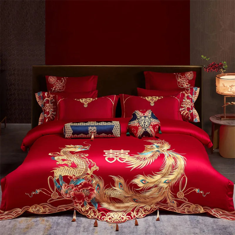 4/6/9Pcs Red Luxury Chinese Wedding Style Dragon Phoenix Embroidery Bedding Set