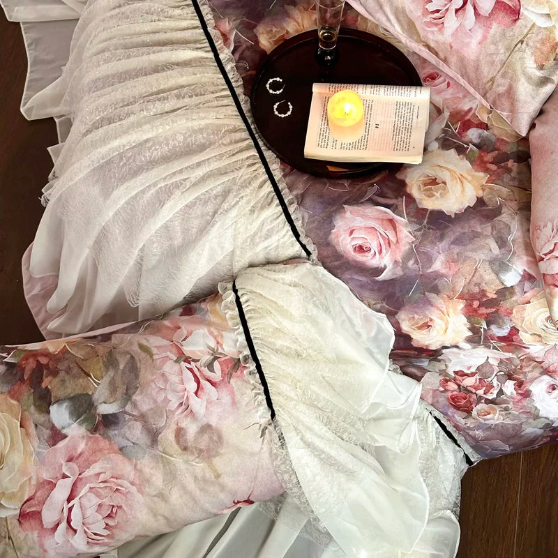 600TC Egyptian Cotton Thickened Brushed Rose Print Lace Ruffles Bedding Set