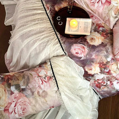 600TC Egyptian Cotton Thickened Brushed Rose Print Lace Ruffles Bedding Set