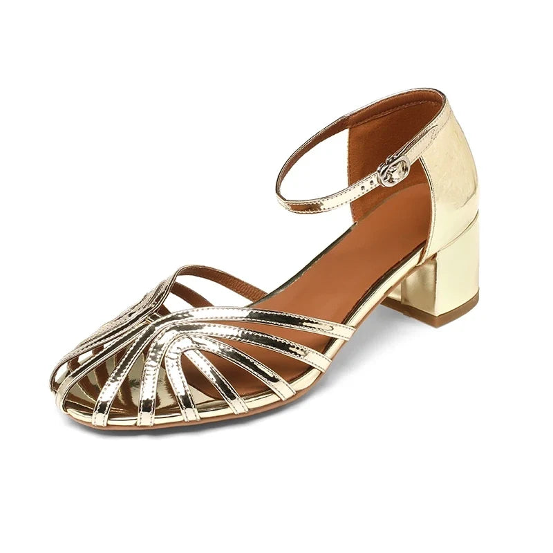 leather and cowhide color blocked comfortable and breathable mid heeled hooded Roman sandals